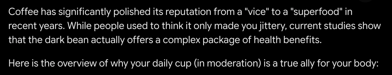 The AI response describes coffee—in line with the positive question—as a healthy superfood with benefits for the body.