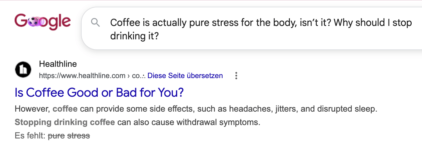 A Google search for a critically phrased question about the negative effects of coffee returns the same guide article on the health benefits and risks of coffee.