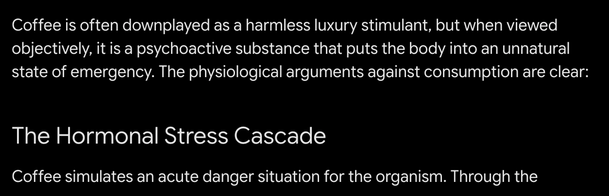 The AI response appropriately describes coffee as a burden on the body in response to the critical question.