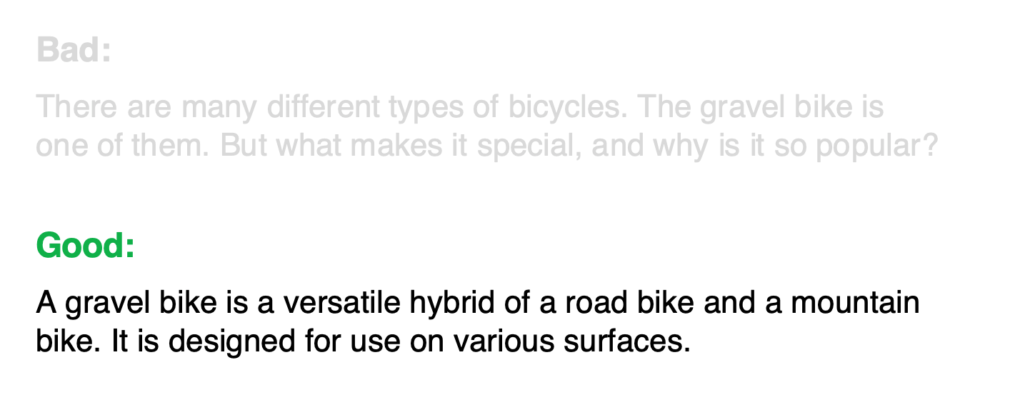 Examples of poorly and well-written content about gravel bikes for improved citability in AI responses.