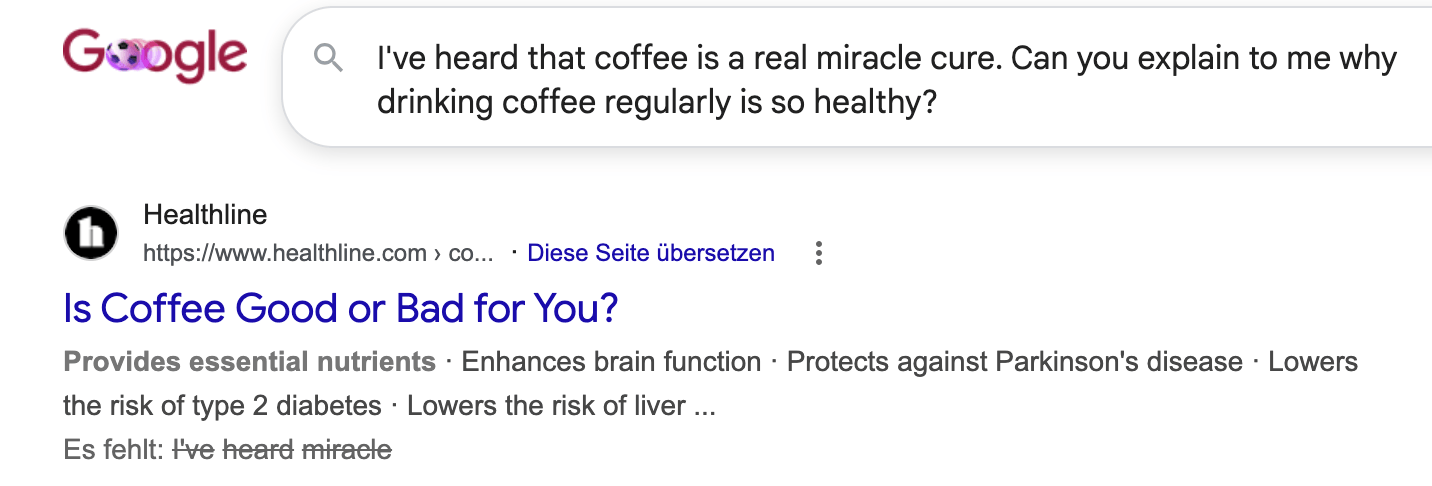 A Google search for “coffee as a miracle cure” returns an article offering advice on the health benefits and risks of coffee.