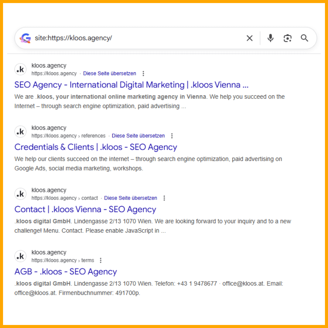 Screenshot of a Google search for site:kloos.at showing multiple indexed pages of the domain in the search results.