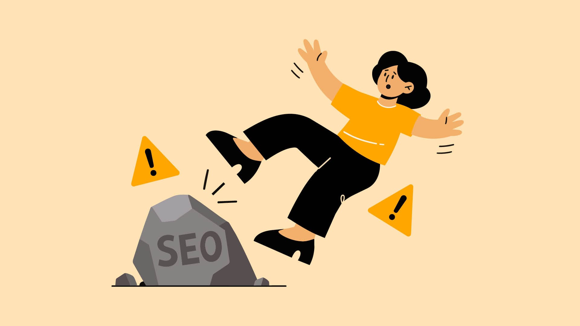 Illustration einer Person, die über einen Stein mit der Aufschrift SEO stolpert, umgeben von Warnzeichen.